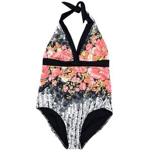 JETS by Jessika Allen Floral Striped Halter One Piece Swimsuit Size 12 USA Black